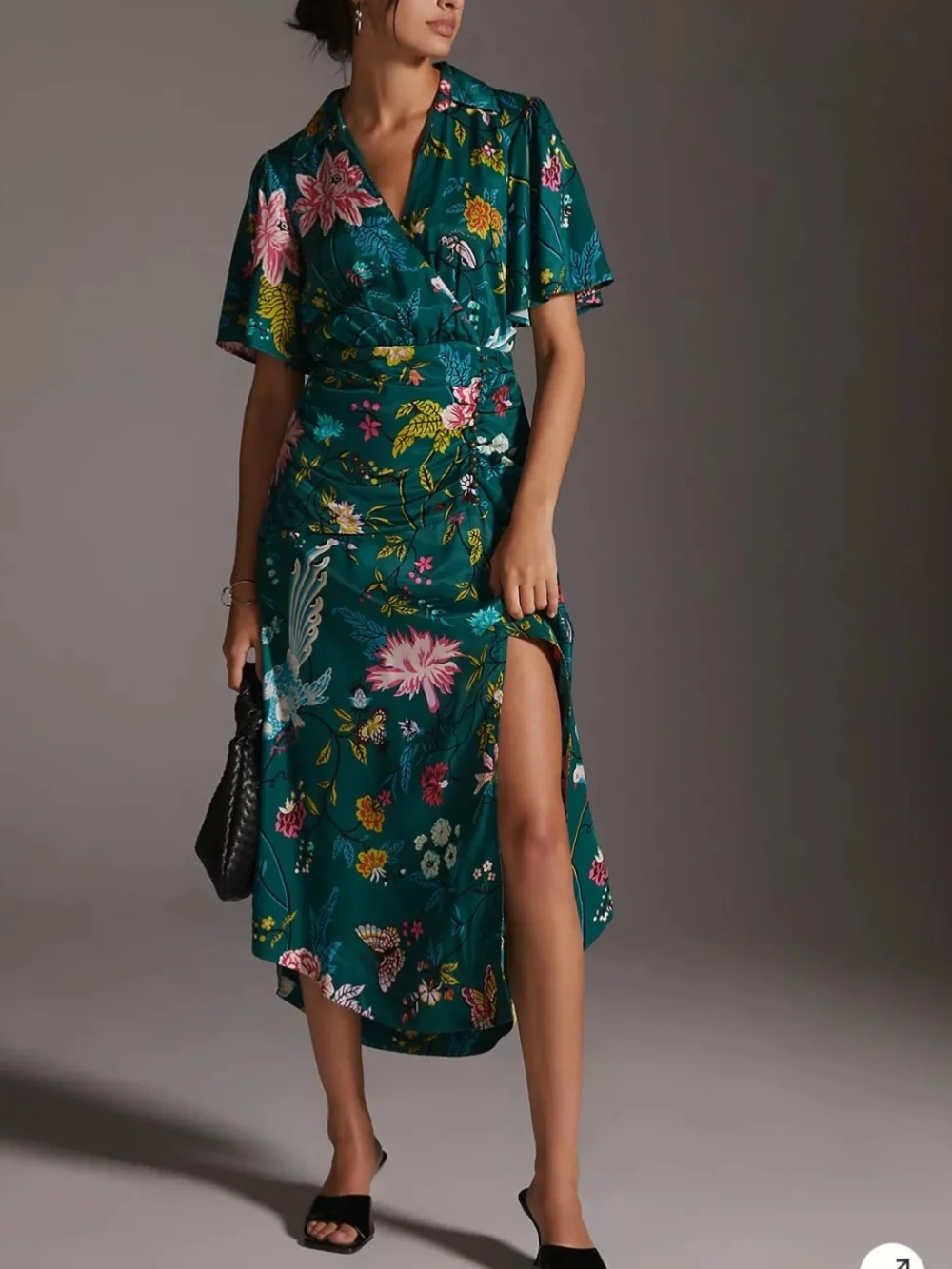 Maeve Anthropologie Button Front Shirt Dress 14 Green Floral Bird V-neck Slit - Picture 1 of 15